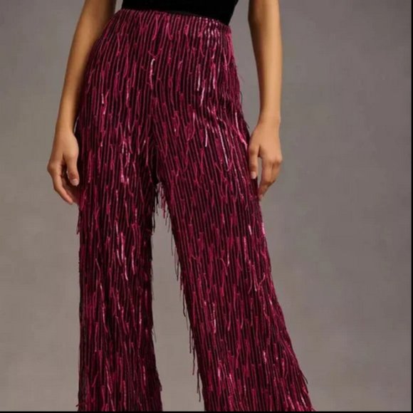 Anthropologie Maeve Sequined Wide Leg Pants Plum PETITE - Picture 7 of 10
